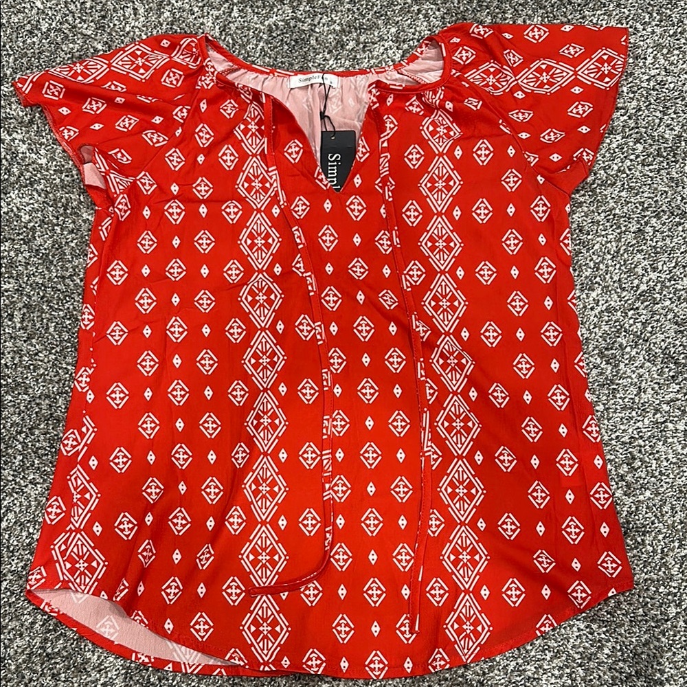 Simple Red Cap Sleeve Ruffled Blouse